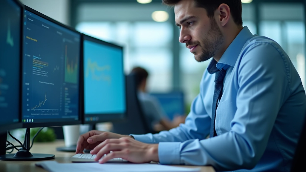 Ökonom analysiert Wirtschaftsdaten auf mehreren Monitoren mit Grafiken und Kennzahlen