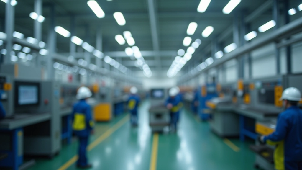 Deutsches Industriewerk mit modernen Fertigungsanlagen und Arbeitern in Schutzkleidung
