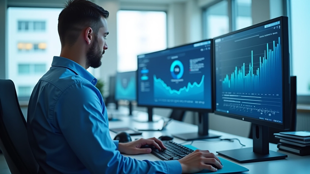 Moderne Büroumgebung mit Computern und Datenvisualisierungen auf mehreren Bildschirmen